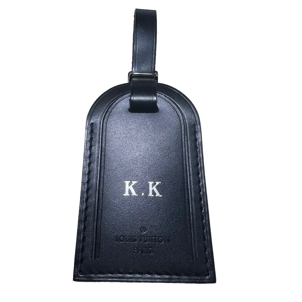 Louis Vuitton Paris Black Leather Name Tag Silver tone Metal w/ KK Stamped